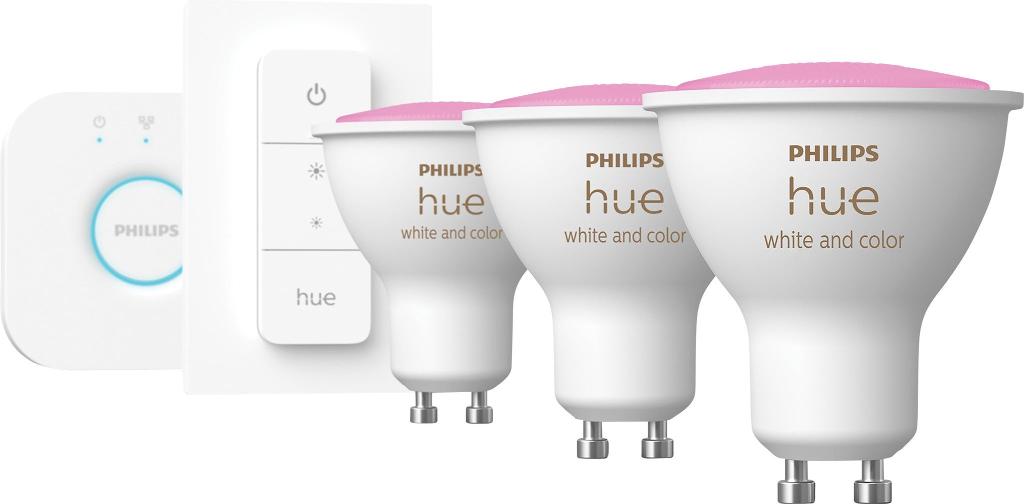 Philips Hue White &amp; Color Starter 3-Pack GU10 + variateur et pont 