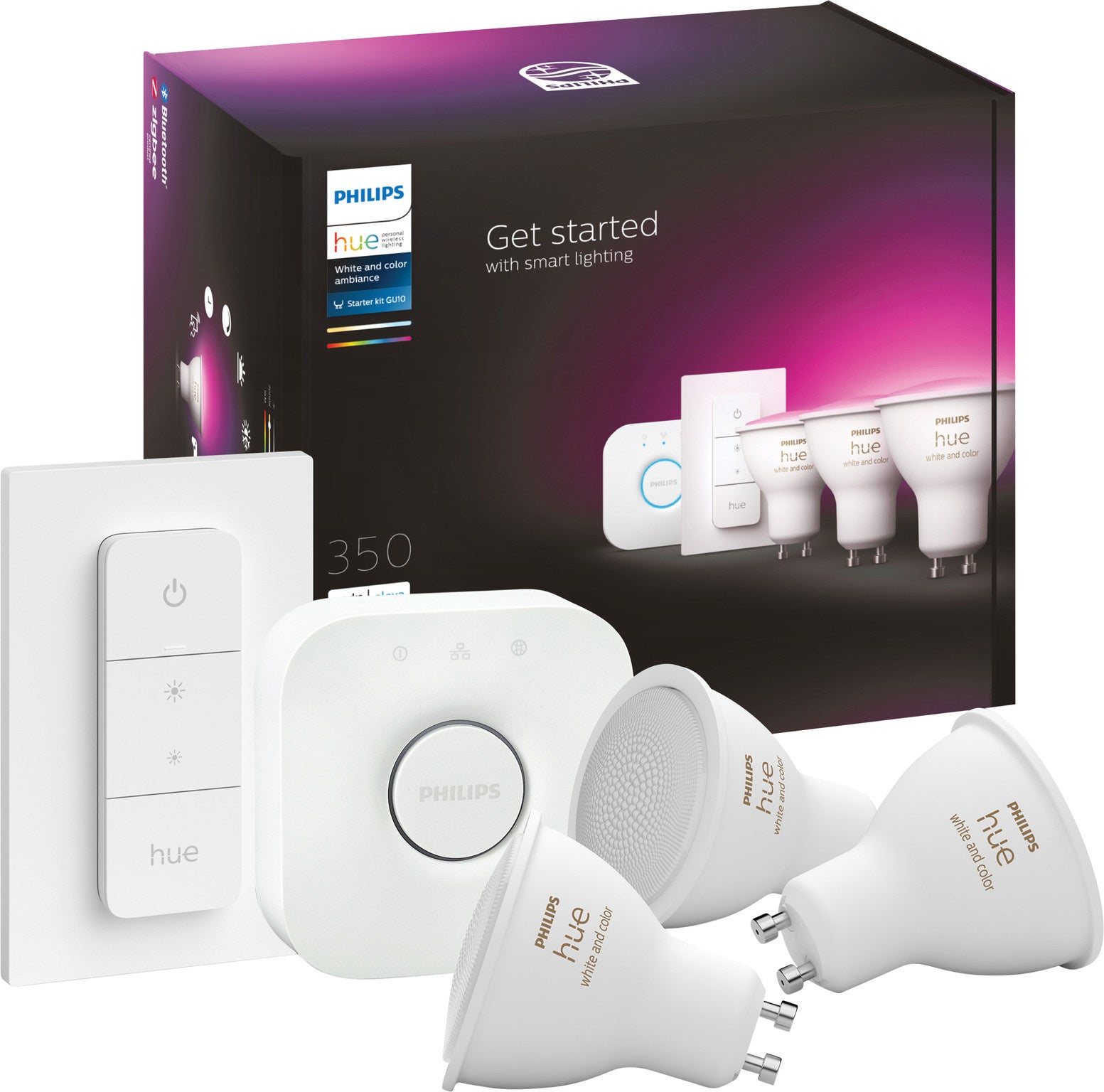 Philips Hue White &amp; Color Starter 3er-Pack GU10 + Dimmer und Bridge 