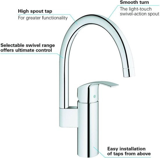 GROHE Eurosmart New Küchenarmatur – hoher schwenkbarer C-Auslauf – ohne ausziehbare Handbrause – Chrom – 33202002