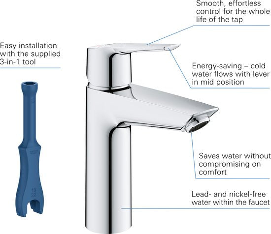 GROHE QuickFix Start Wastafelkraan - Waterbesparend - Incl. push-open waste - Chroom