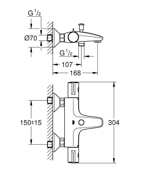 GROHE Grohtherm 800 Thermostatische Badkraan - 15 cm - Waterbesparend - Met omstelling - Inclusief koppelingen - Chroom