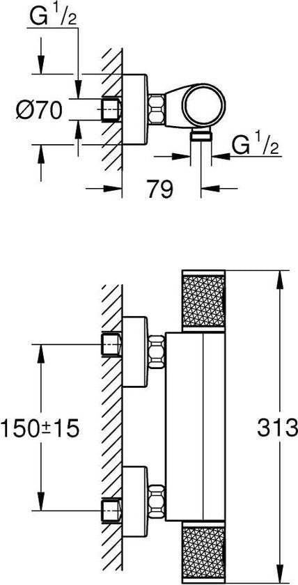 GROHE Precision Feel Thermostatische Douchekraan - 15 cm - Waterbesparend - Met CoolTouch technologie - Inclusief koppelingen - Chroom