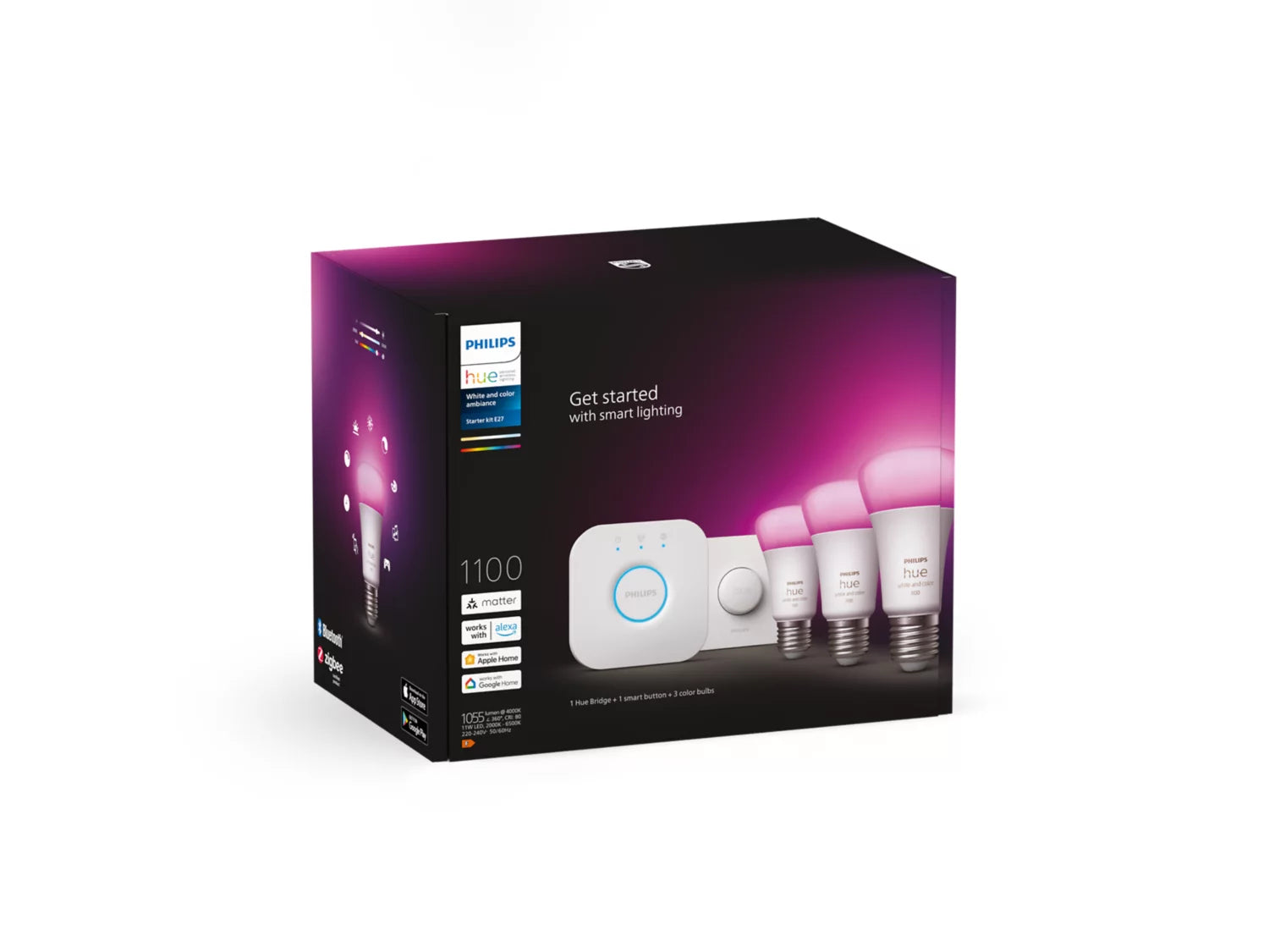 Philips Hue White and color ambiance Starterkit: 3 E27 slimme lampen (1100) + smart button