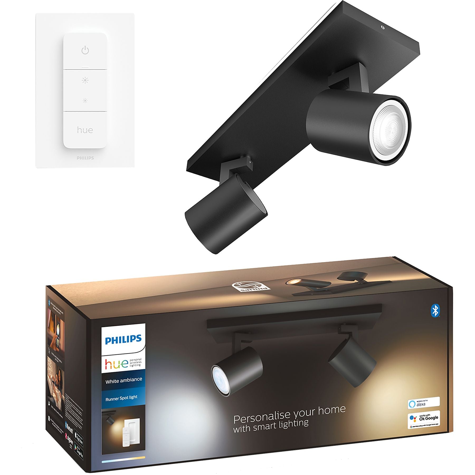 Philips Hue Runner 2-Spot opbouwspot White Ambiance Zwart + dimmer