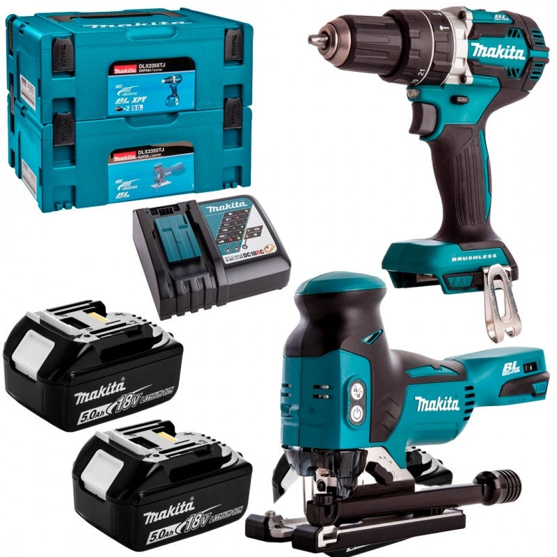 Makita DLX2355TJ Ensemble combiné 18 V 5,0 Ah Li-Ion - Perceuse sans fil DDF484 + Scie sauteuse sans fil DJV181